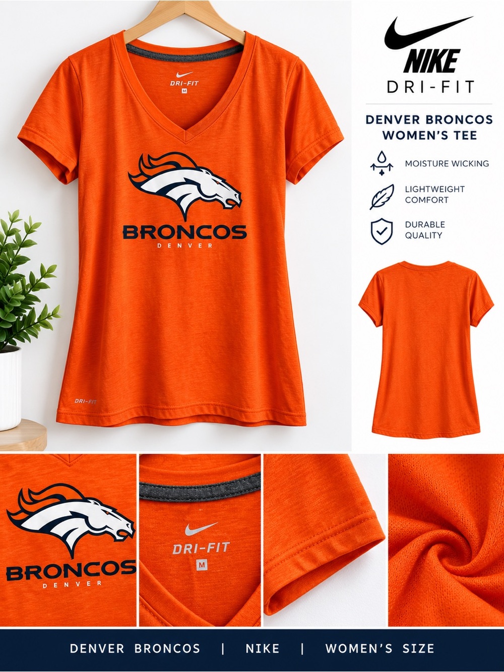 Nike Women's Orange V-Neck Broncos Logo Tee